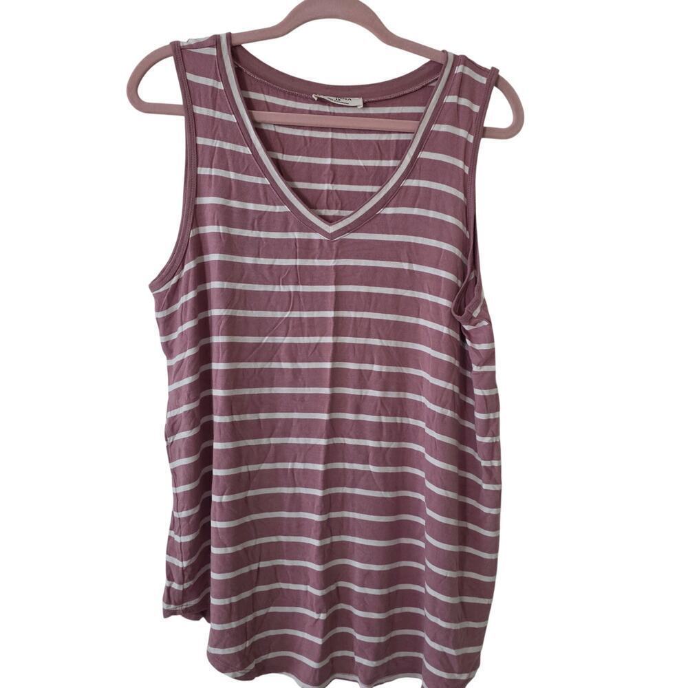 ZENANA 2322 Rose/White Striped Sleeveless V Neck Tank Top 1X